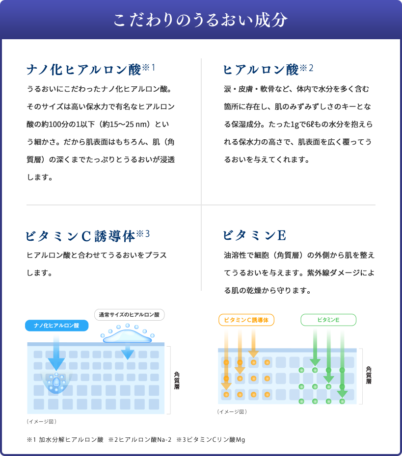 こだわりのうるおい成分 ナノ化ヒアルロン酸 うるおいにこだわったナノ化ヒアルロン酸。そのサイズは高い保水力で有名なヒアルロン酸の約100分の1以下（約15～25 nm）という細かさ。だから肌表面はもちろん、肌（角質層）の深くまでたっぷりとうるおいが浸透します。 ヒアルロン酸 涙・皮膚・軟骨など、体内で水分を多く含む箇所に存在し、肌のみずみずしさのキーとなる保湿成分。たった1gで6ℓもの水分を抱えられる保水力の高さで、肌表面を広く覆ってうるおいを与えてくれます。 ビタミンＣ誘導体 ヒアルロン酸と合わせてうるおいをプラスします。 ビタミンE 油溶性で細胞（角質層）の外側から肌を整えてうるおいを与えます。紫外線ダメージによる肌の乾燥から守ります。